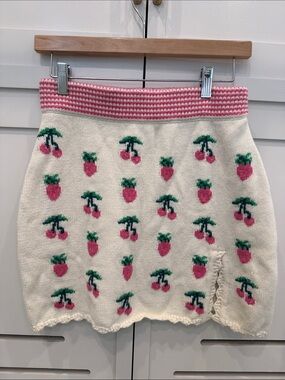 LoveShackFancy Cream Knit Mini Skirt with Pink & Green Fruit Pattern